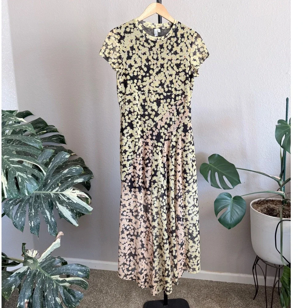 & Other Stories Yellow Floral Mesh Asymmetrical Midi Dress Size US 10